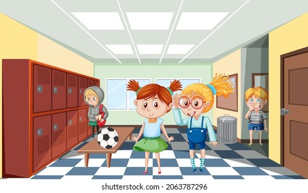 School scene with students cartoon character illustration
