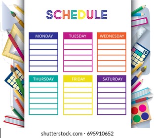 School schedule colorful template concept on different chancery objects on the background