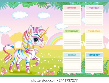 Horario escolar con lindo unicornio mágico de cebra arco iris. Lindo planificador semanal o diario imprimible, diseño de papel de notas, horario escolar, planificador y plantilla de organizador. Ilustración de niños planos vectoriales