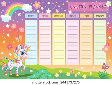 School schedule with cute zebra unicorn. Rainbow background. Cute printable weekly, daily planner, school timetable, scheduler and organizer template. Vector illustration. Ready to print design