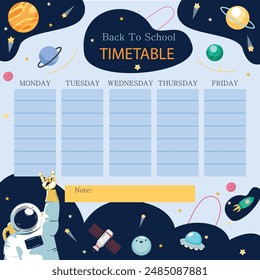 School schedule. The illustration shows a school schedule, space, rockets, astronaut, planets, stars