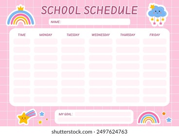 School schedule for kids. Template school timetable for preschool, kindergarten. Timetable for elementary school. Weekly planner template for kids. Back to school planner. Education lessons plan.