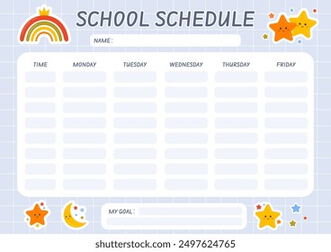 School schedule for kids, weekly planner, printable school timetable for homeschool, preschool, kindergarten. School children routine. Education lessons plan, class planning. Back to school.