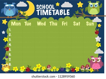 School schedule of lessons with owls, mushrooms, stars and the moon, clouds, flowers and berries.