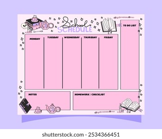 School schedule with magical spell books elements. School timetable for daily, weekly and monthly planning.