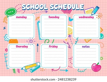 Horario escolar, Plantilla, estilo de garabato, niños, vuelta a la escuela, Vector