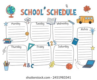 School Schedule template printable US Letter size vector. Weekly class timetable, lesson planner students, kids daily routine chart. Funny doodle hand drawn outline design with educational elements.