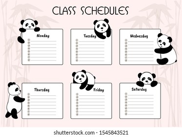 School schedule template. Timetable for pupils with cute pandas.  Vector Illustration.
