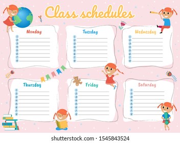 School Schedule Template. Timetable For Pupils With Cute Children.  Vector Illustration.