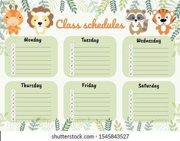 School schedule template. Timetable for pupils with cute animals.  Vector Illustration.