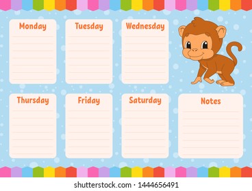 School schedule. Timetable for kids. Empty template. Weekly planer with notes. Isolated color vector illustration. Funny character. Cartoon style.