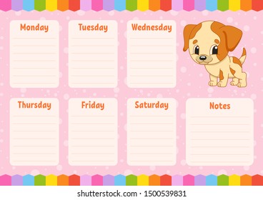 School schedule. Timetable for kids. Empty template. Weekly planer with notes. Isolated color vector illustration. Funny character. Cartoon style.
