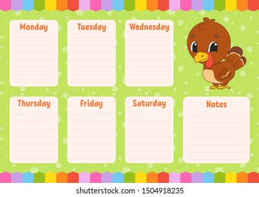 School schedule. Timetable for kids. Empty template. Weekly planer with notes. Isolated color vector illustration. Funny character. Cartoon style.