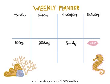 School schedule. Timetable for kids. Empty template. Weekly planer with Memo notes. Hand drawn Isolated color vector illustration in scandinavian style. Funny marine character. Horsefish with corals