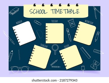School schedule. Timetable for kids with supplies. Weekly time table with day of the week. Educational classes diary. A4 paper size.