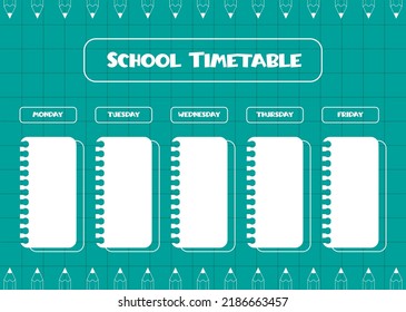 School schedule. Timetable for kids. Weekly time table with day of the week. Educational classes diary. A4 paper size.