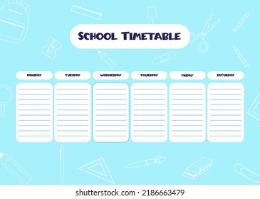 Calendario escolar. Horario para los niños. Horario semanal con día de la semana. Diario de clases educativas. Tamaño de papel A4.