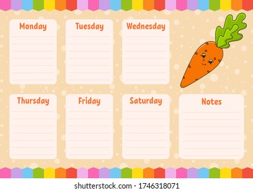 School schedule. Timetable for schoolboys. Empty template. Weekly planer with notes. Isolated color vector illustration. Cartoon character.