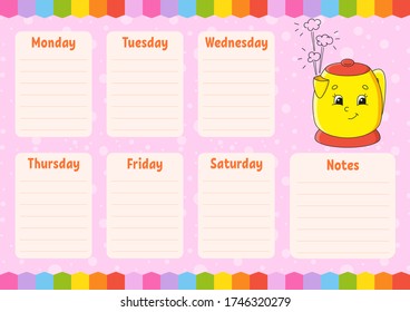 School schedule. Timetable for schoolboys. Empty template. Weekly planer with notes. Isolated color vector illustration. Cartoon character.