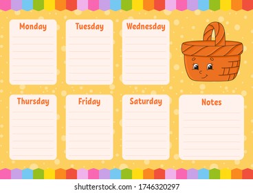 School schedule. Timetable for schoolboys. Empty template. Weekly planer with notes. Isolated color vector illustration. Cartoon character.