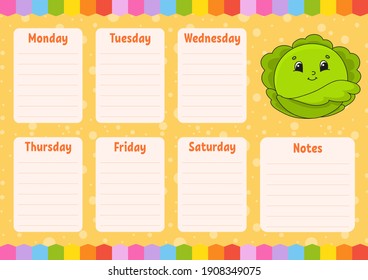 School schedule. Timetable for schoolboys. Empty template. Weekly planer with notes. Isolated color vector illustration. Cartoon character.