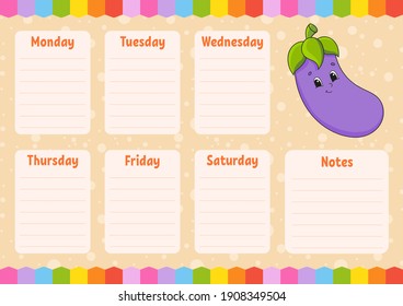 School schedule. Timetable for schoolboys. Empty template. Weekly planer with notes. Isolated color vector illustration. Cartoon character.