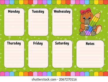 School schedule. Timetable for schoolboys. Empty template. Weekly planer with notes. Isolated color vector illustration. cartoon character.