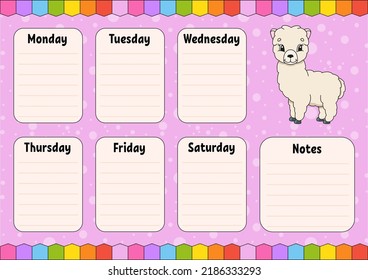 School schedule. Timetable for schoolboys. Empty template. Weekly planer with notes. Isolated color vector illustration. cartoon character.