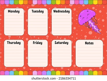 School schedule. Timetable for schoolboys. Empty template. Weekly planer with notes. Isolated color vector illustration. cartoon character.