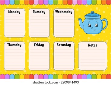 School schedule. Timetable for schoolboys. Empty template. Weekly planer with notes. Isolated color vector illustration. cartoon character.