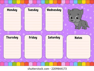 School schedule. Timetable for schoolboys. Empty template. Weekly planer with notes. Isolated color vector illustration. cartoon character.