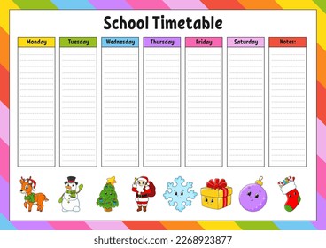 School schedule. Timetable for schoolboys. Empty template. Weekly planer with notes. cartoon character. Vector illustration.