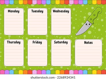 School schedule. Timetable for schoolboys. Empty template. Weekly planer with notes. Isolated color vector illustration. cartoon character.