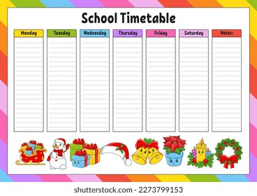 School schedule. Timetable for schoolboys. Empty template. Weekly planer with notes. cartoon character. Vector illustration.