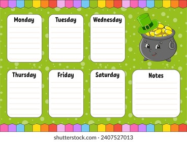 School schedule. Timetable for schoolboys. Empty template. Weekly planer with notes. cartoon character. Vector illustration.
