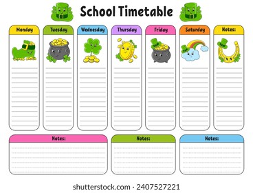School schedule. Timetable for schoolboys. Empty template. Weekly planer with notes. cartoon character. Vector illustration.