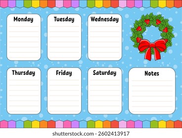 School schedule. Timetable for schoolboys. Empty template. Weekly planer with notes. cartoon character. Vector illustration.