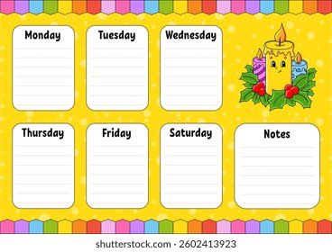 School schedule. Timetable for schoolboys. Empty template. Weekly planer with notes. cartoon character. Vector illustration.
