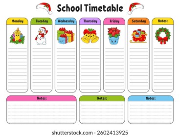 School schedule. Timetable for schoolboys. Empty template. Weekly planer with notes. cartoon character. Vector illustration.