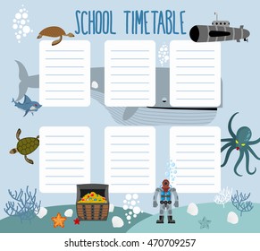 School schedule with underwater world. timetable Lesson plans all week. Shark and whale. Diver and turtle