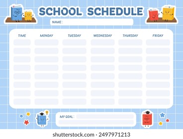 School schedule, weekly classes school timetable for students or pupils. Illustration includes many education elements and school equipment. Schedule program, lesson plan for pupils. School children