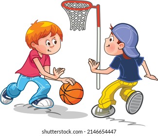 School. Schoolyard. Children In The School Yard. Kids Are Playing. Basketball Playground. Boys Playing Basketball. Red-haired Boy With A Ball. A Boy In A Baseball Cap. Children On The Move.