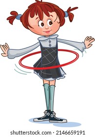 School. Schoolyard. Children in the school yard. Kids are playing. Children on the move. The girl spins the hoop. Girl with pigtails. Swimming and golf. Redhead girl. Red hoop.