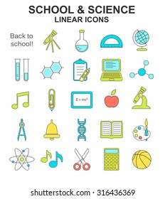 School and science colored vector linear icons set on white background. Line style icons.