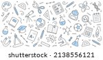 School and science doodle background with education signs. Line art vector protractor, globe, test. Pencil, backpack and chemical beakers, paints, palette, academic cap, compass, cells and abacus