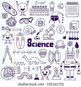 School Science Doodle Set 1 Notebook. Hand Drawn Vector Illustration.