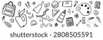 School science doodles on white background. Vector set of education line arts with hand drawn backpack, apple, math formula and calculator icons, playful sketch elements for kids learning design