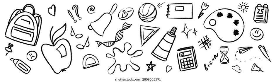 School science doodles on white background. Vector set of education line arts with hand drawn backpack, apple, math formula and calculator icons, playful sketch elements for kids learning design
