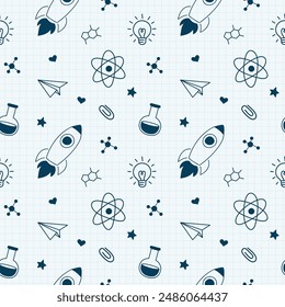 School science drawings on lined paper seamless background