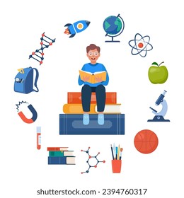 School, science and education icons around school kid. Boy kid getting knowledge, reading book. Microscope, atom, pupils, books, magnet, globe, basketball. Back to school Vector illustration